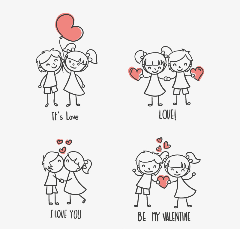 4 hand-painted children couple vector material