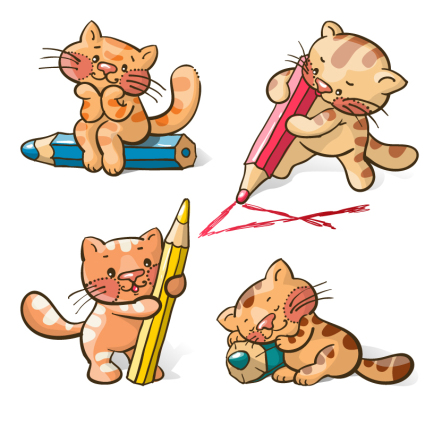 4 cartoon cat with a pencil vector material