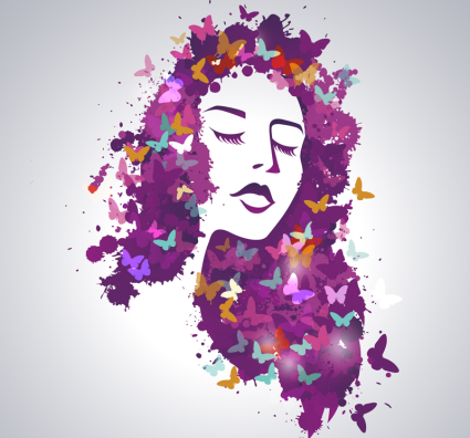 Watercolor butterfly girl with long hair vector material
