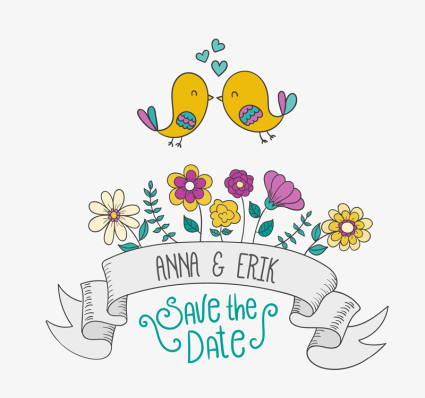 Cartoon flowers and birds wedding invitation poster vector
