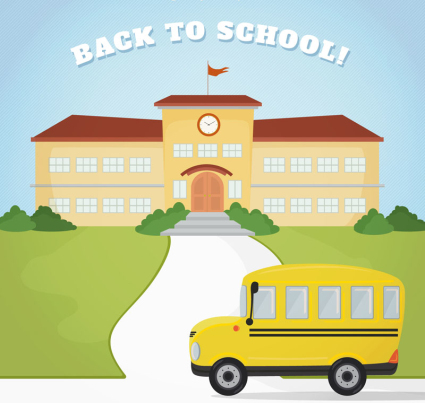 Cartoon teaching building and school bus vector material