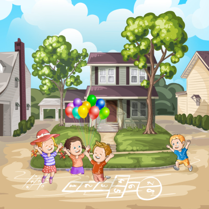 4 cartoon children playing with the game vector material