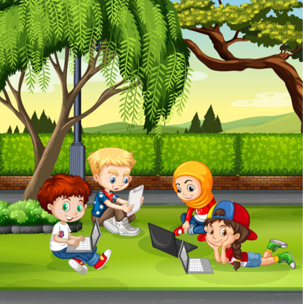 4 children cartoon study group vector material