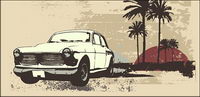 Coconut tree retro style car vector material